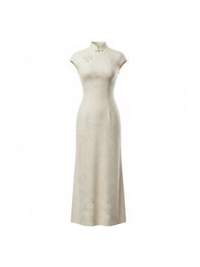 Kelifan White Silk or Silk-like Long Cheongsam dress - L, fits US Small